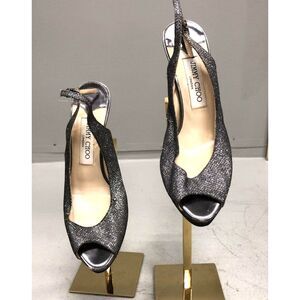 Jimmy Choo Nova Anthracite Glitter Peep Toe Slingback Platform Size 37.5